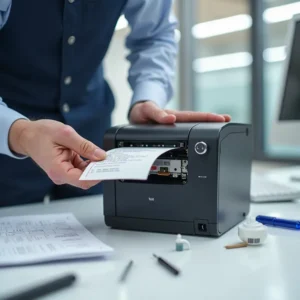 A technician repairing a thermal receipt printer with visible tools and printer components.