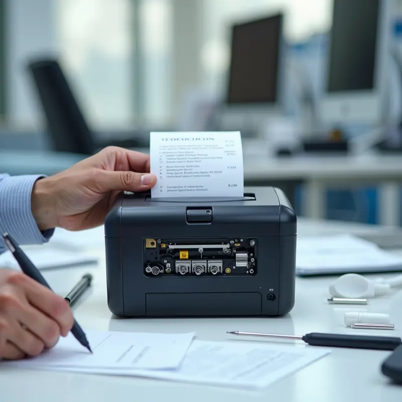 Technician repairing a thermal receipt printer with tools on an office desk.